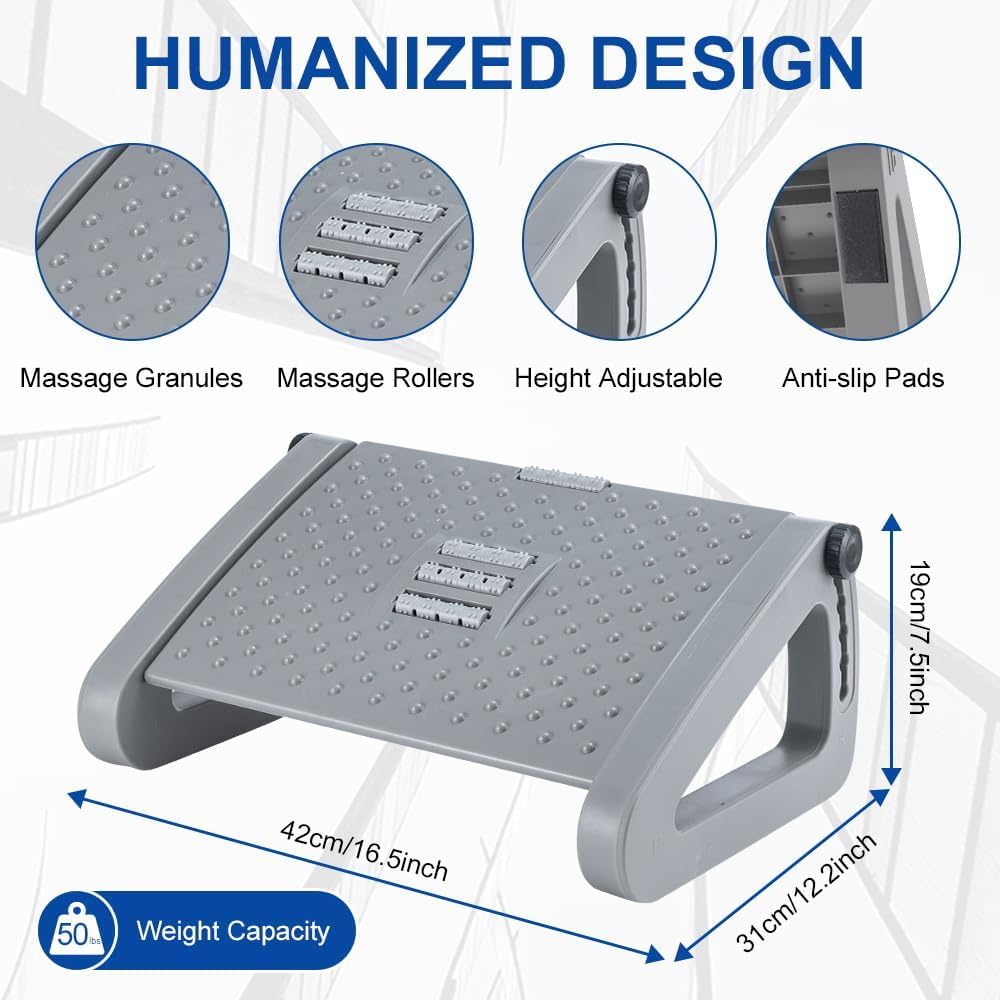 Hmseng Foot Rest Under Desk, Adjustable Height/Angle Ergonomic Foot Stool with Large Roller Massager Function