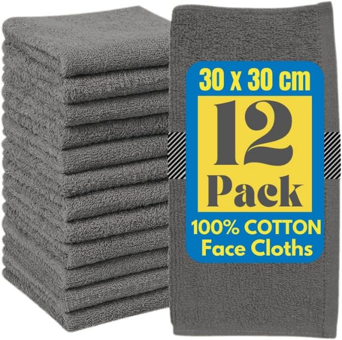 100% Cotton Face Cloths Pack of 12, Face Towels 500GSM Size (30x30cm), Soft Cotton Wash Cloths for Washing Face, Reusable Facial Cleansing Washcloths