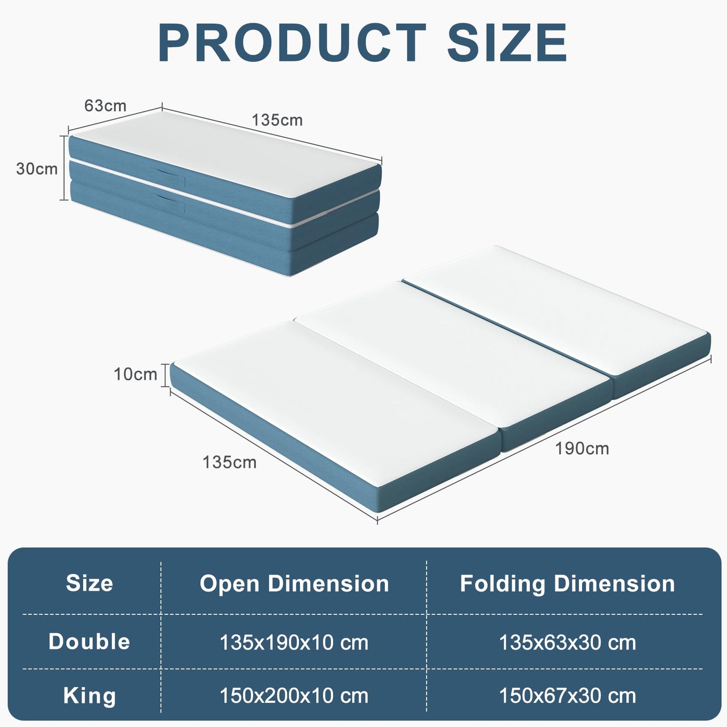 Folding Mattress Double, 4 Inch Tri-fold Floor Mattress (190x135x10cm)
