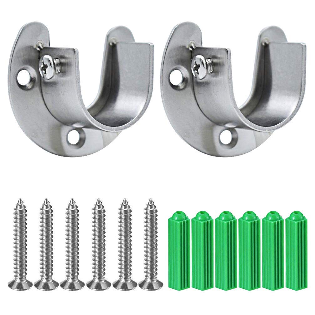 Pveath 2 Pack Stainless Steel Closet Pole Sockets, Heavy Duty Closet Rod End Supports Flange Rod Holder with Screws, U Shaped