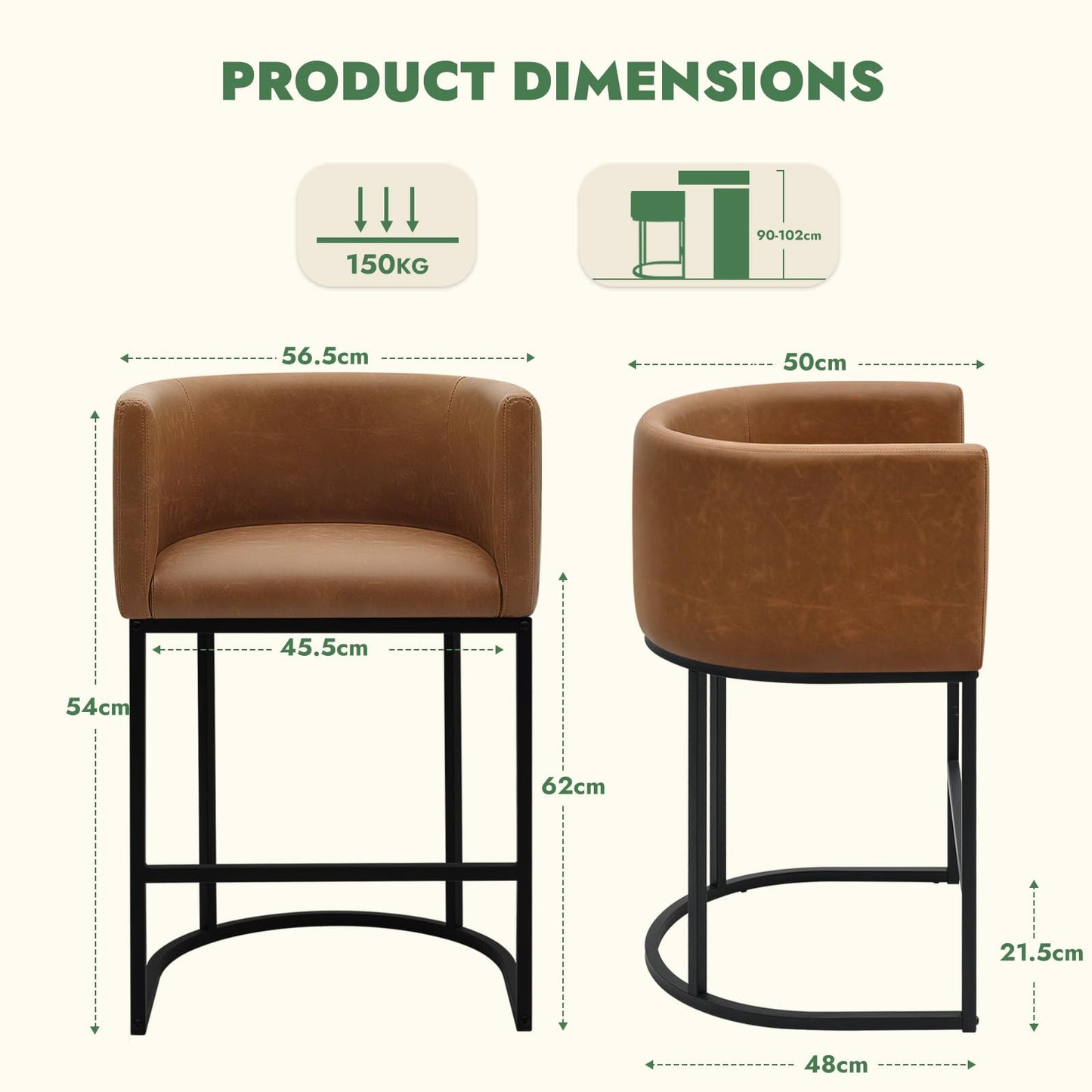 KRAMZMING Counter Height Bar Stools Set of 2, 24 Inch Faux Leather, Brown