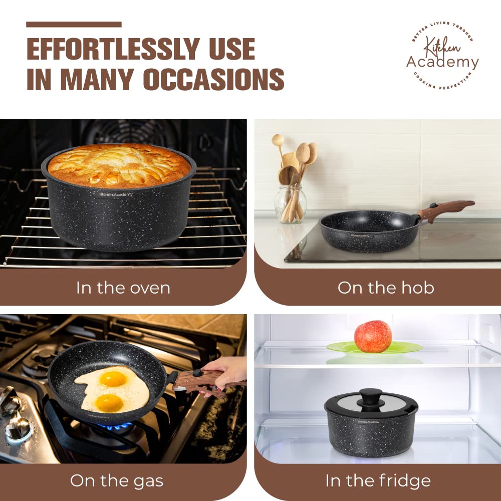 Kitchen Academy Non Stick Cookware Set, 10 Piece Granite-Coated Induction Pots and Pans Set with Detachable Handle, Stackable RV Cooking Set for