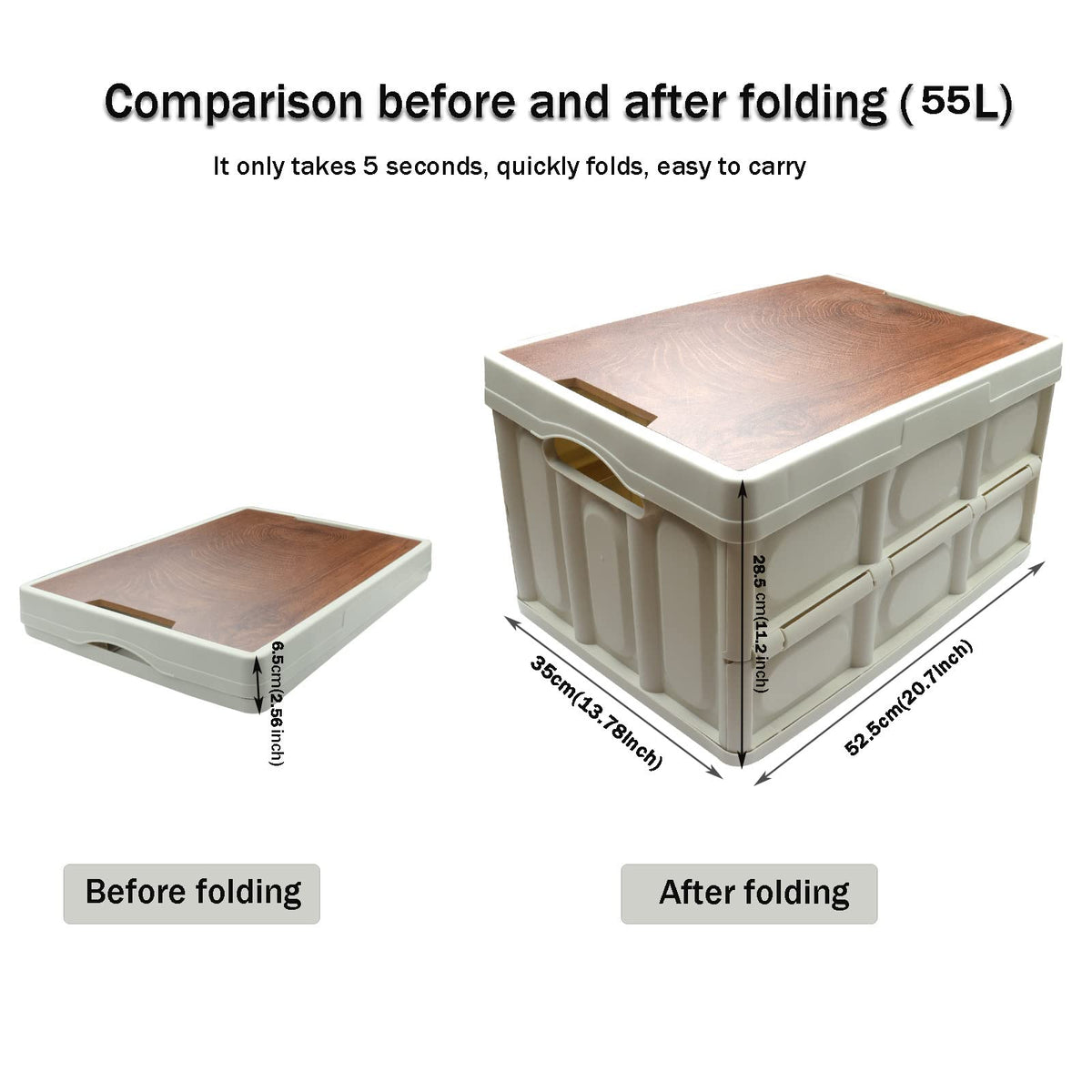 Roellgs 55L household folding storage box wooden cover thickened outdoor multifunctional camping car storage box can be used as a bedside table