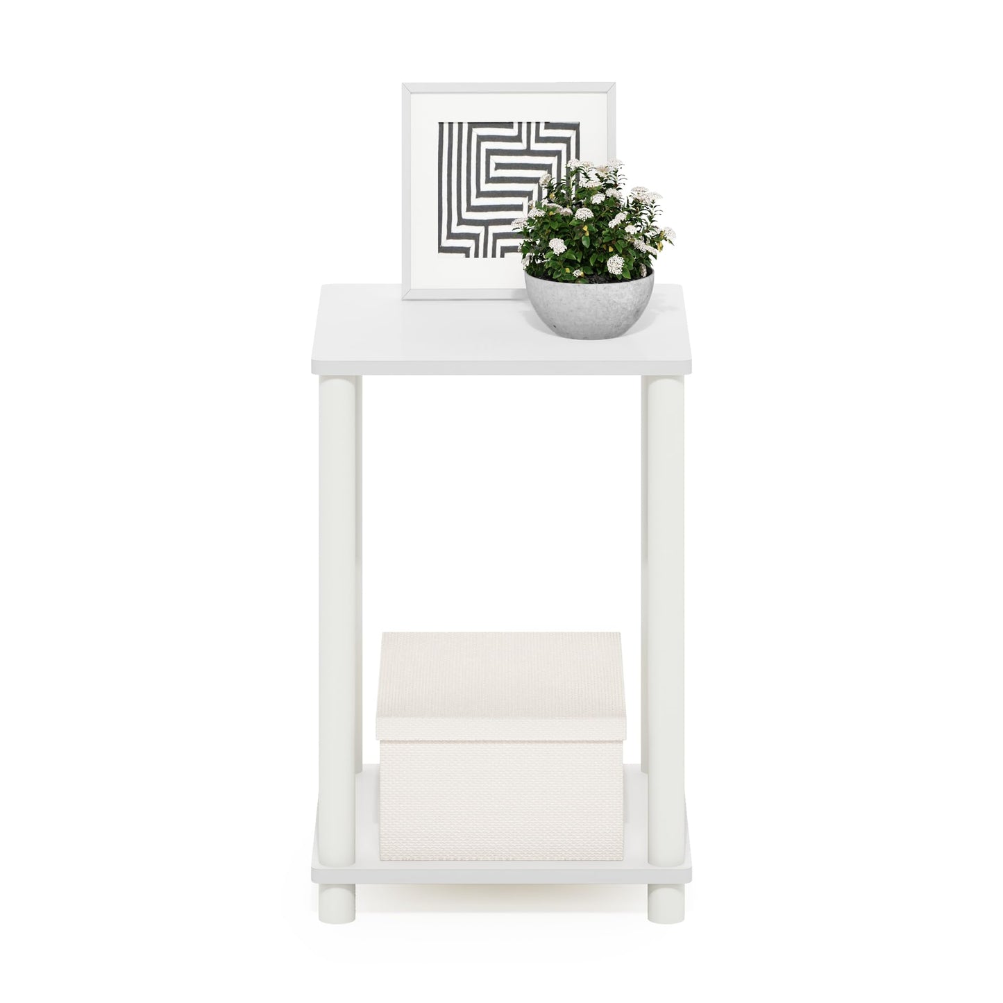 Furinno TURN-N-TUBE Side Table, 2-Tier End Table with Open Shelf, Toolless Night Stand, Bedside Table, for Living Room, Bedroom, White/White