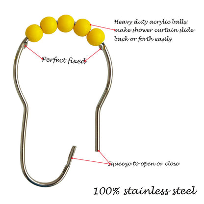 Shower Curtain Hooks Rings Stainless Steel Acrylic Roller Ball Glide Rings For Bathroom Shower Rods Decorative RustproofYellow