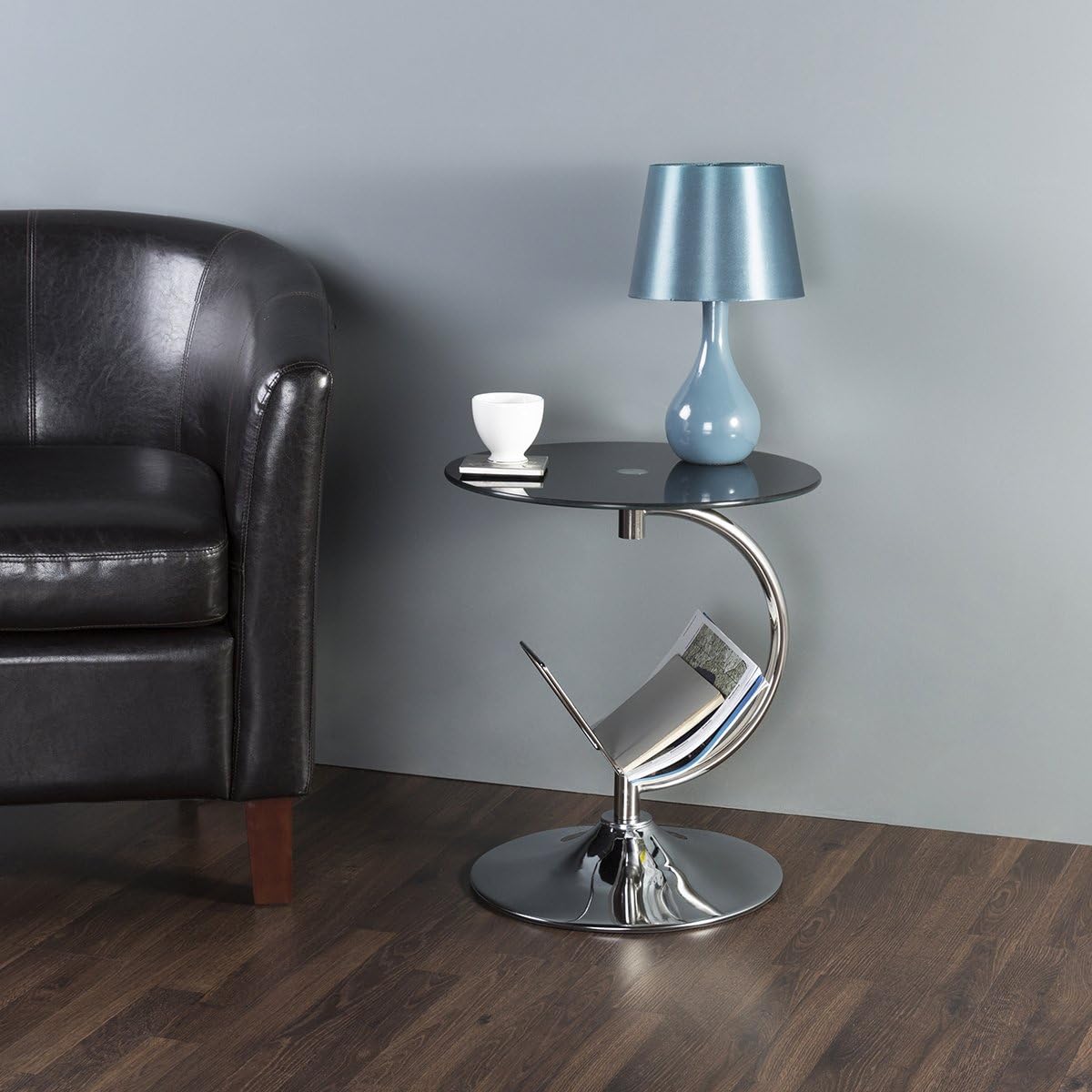 mahara Black Glass Decorative End Table Side Table Coffee Table, Round, 45cm x 45cm, for Living Rooms, Lounges, Study, etc