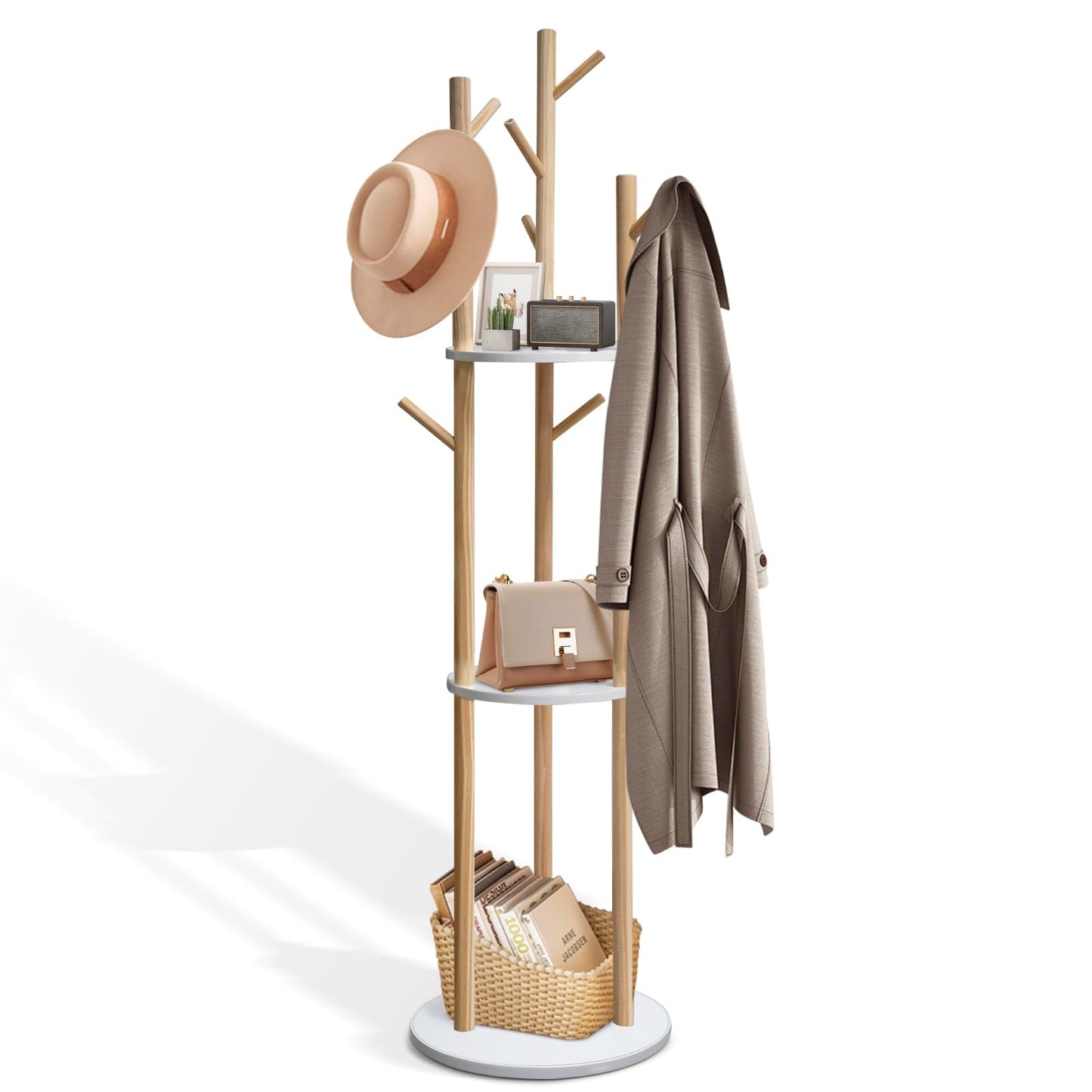 SUNDOY 165CM Wooden Coat Rack Freestanding with 3 Shelves & 9 Hooks, Hall Tree Stand for Entryway, Bedroom, Hallway & Living Room