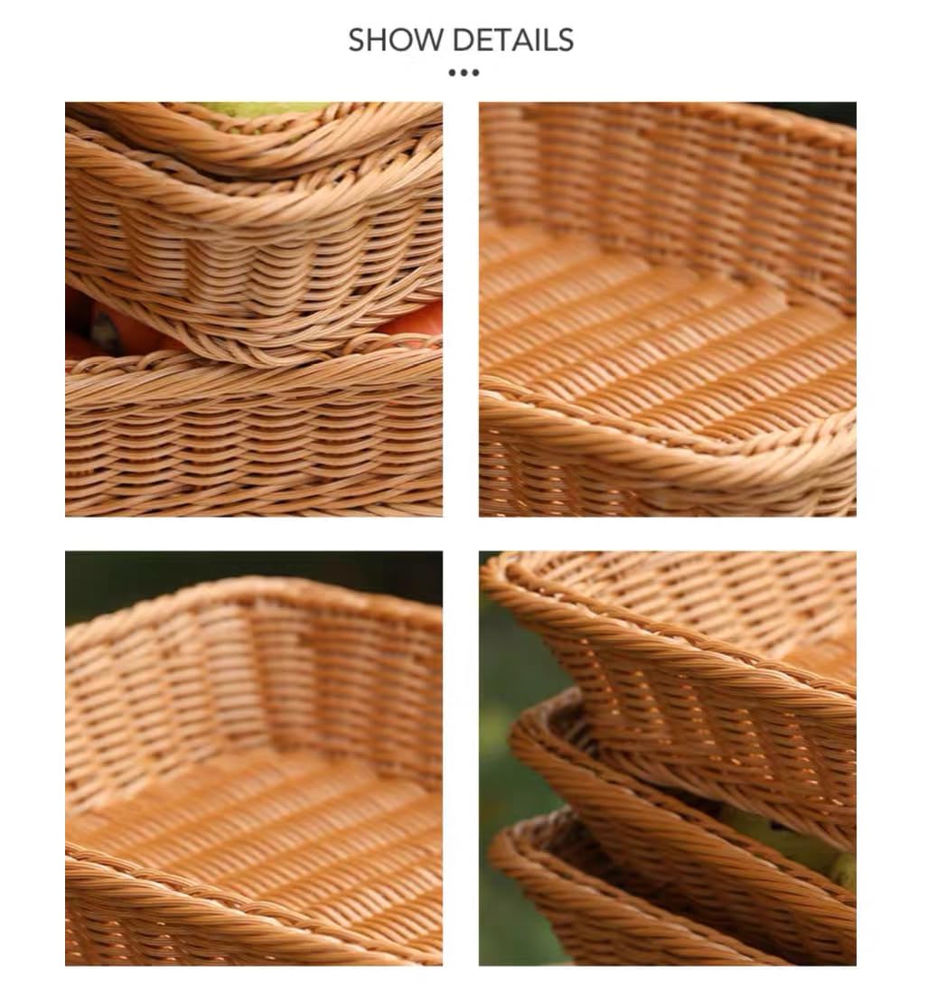 RT&BS 2Pcs Large Wicker Bread Basket Rectangular, Wicker Fruit Basket, Display Baskets for Vegetable, Imitation Rattan Tray