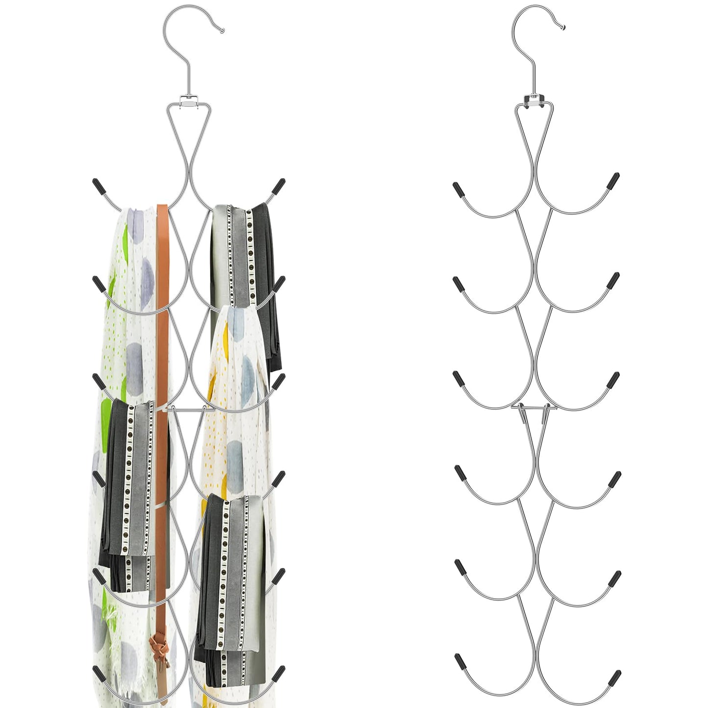 2Pcs Scarf Hanger with 12 Hooks, Metal Scarf Storage Organizer, 360° Rotating Scarves Rack Space Savers