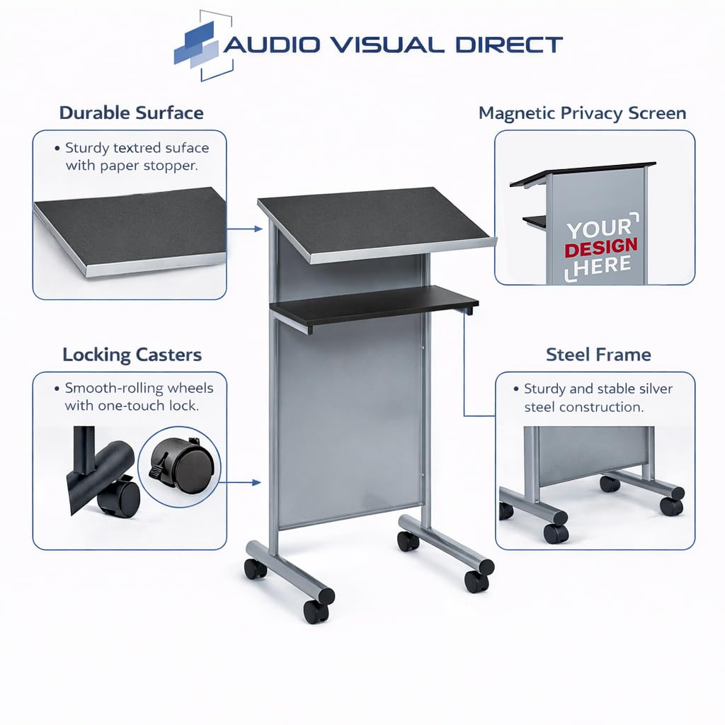 Audio-Visual Direct Wheeled Lectern with Storage Shelf - Silver/Black - Compact Standing Desk for Reading - LapTop Stand