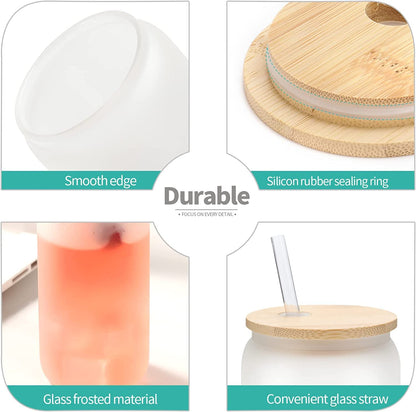 LATERN 8Pcs Sublimation Glass Cans, 520ml Frosted Sublimation Beer Can Borosilicate Glasses Tumbler Mason Jar Mug Cups with Bamboo Lids & Reusable