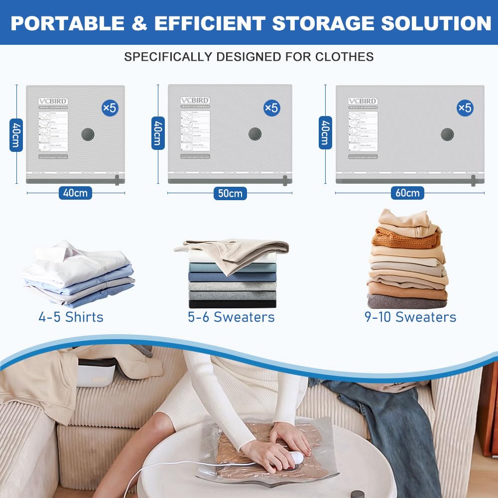 Vacbird Vacuum Storage Bags with Electric Pumps for Travel, 15 Pack