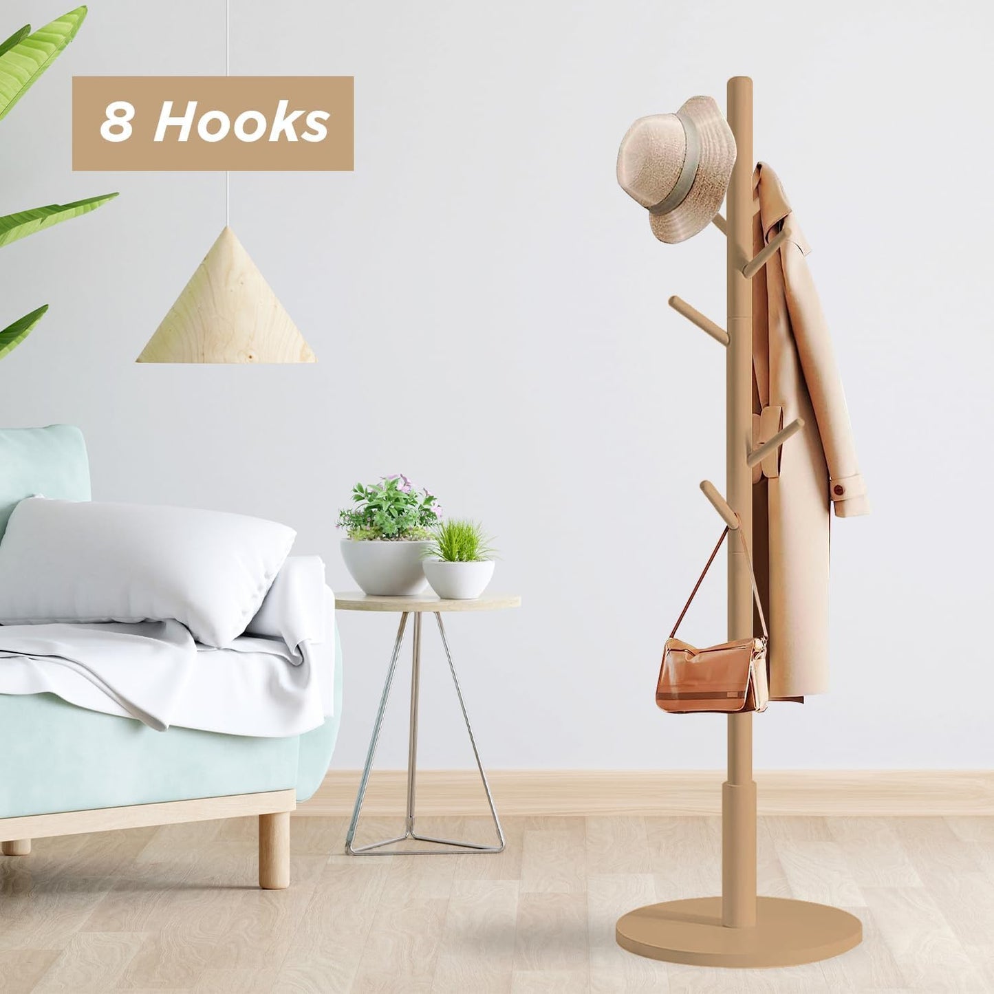 edihome, Coat Stand with Round Base, Freestanding Coat Rack with 8 Hooks, 172 x 38 x 38 cm, Wooden Hall Tree for Coats, Hats, Jackets