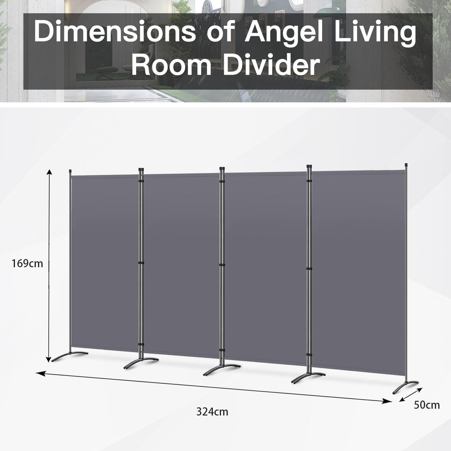 Angel Living 4 Panels Folding Room Divider | Privacy Screen with Polyester Fabric & Sturdy Iron Frame | Freestanding Partition for Office, Bedroom
