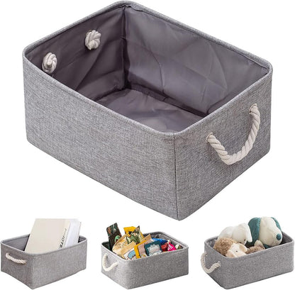 June Tech 3 Pcs Fabric Canvas Storage Boxes with Handles - Small Grey Storage Basket for Cupboards, Shelves, Toys, Clothes, Office