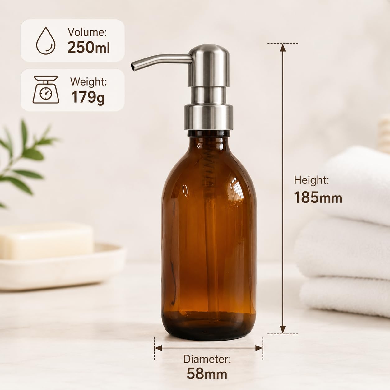 AVALON 250ml Amber Glass Soap Dispenser Bottles with On Trend Metallic Pump - Empty Refillable Containers for Liquid Soaps, Lotions, and More