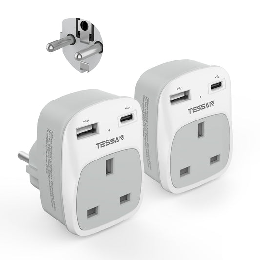 UK to European Plug Adapter 2 Pack, TESSAN Schuko Grounded Euro Plug Adapter with 2 USB Ports (1 USB C), Travel Adaptors UK to EU for Europe Spain