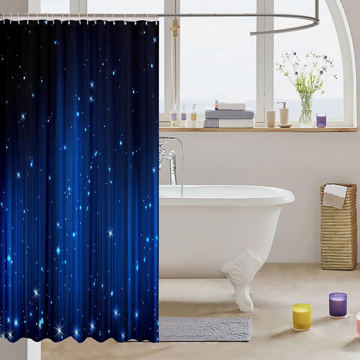 Homewish Abstract Ombre Shower Curtain Set Black and Blue Bathroom Curtains 72" Wx72 L,Glitter Striped Fabric Shower Curtains for Kids Boys Girls