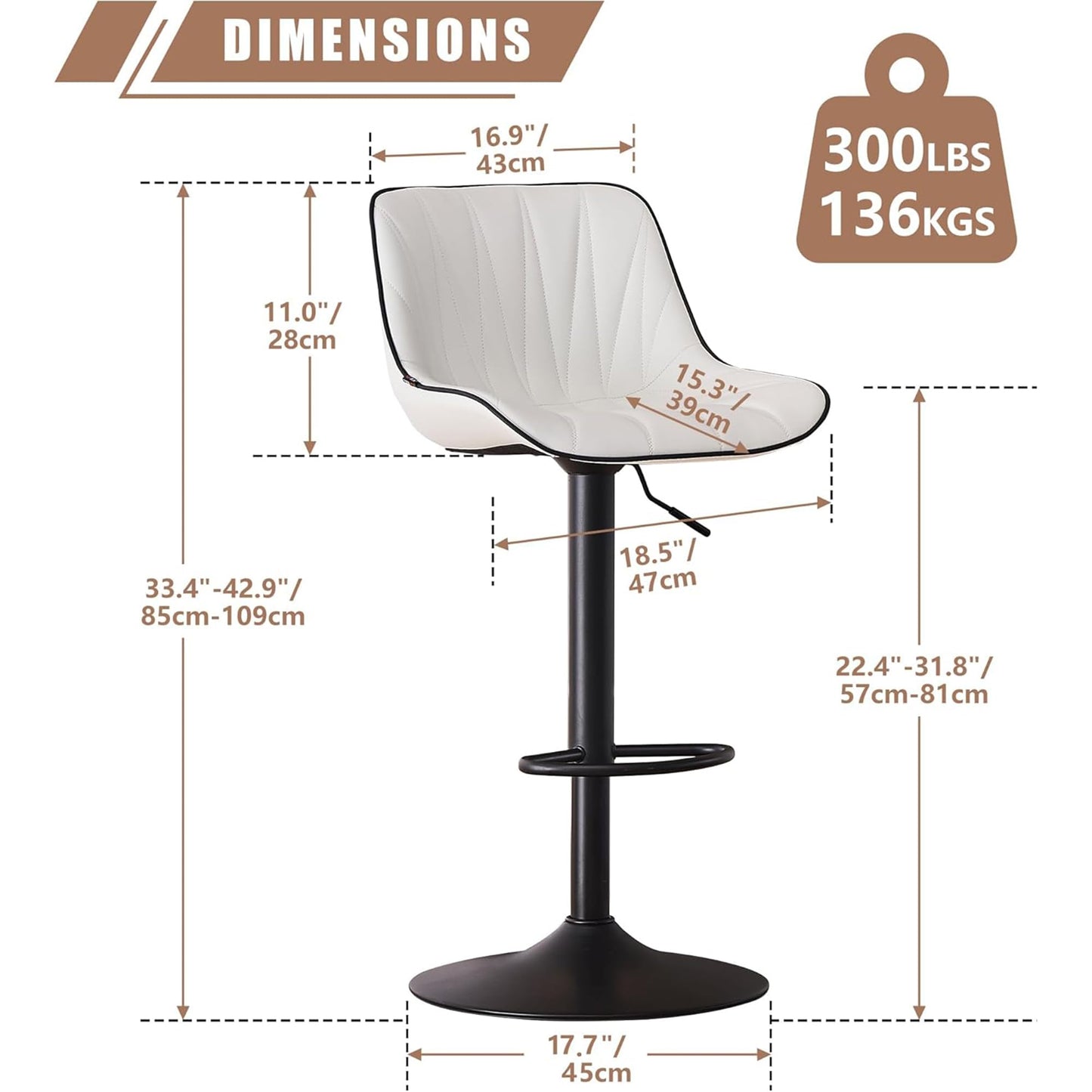YOUNIKE Bar Stools Set of 2, Swivel Tall Barstools with Back, Adjustable Height Faux Leather Upholstered Modern Counter Height Bar Chairs, White