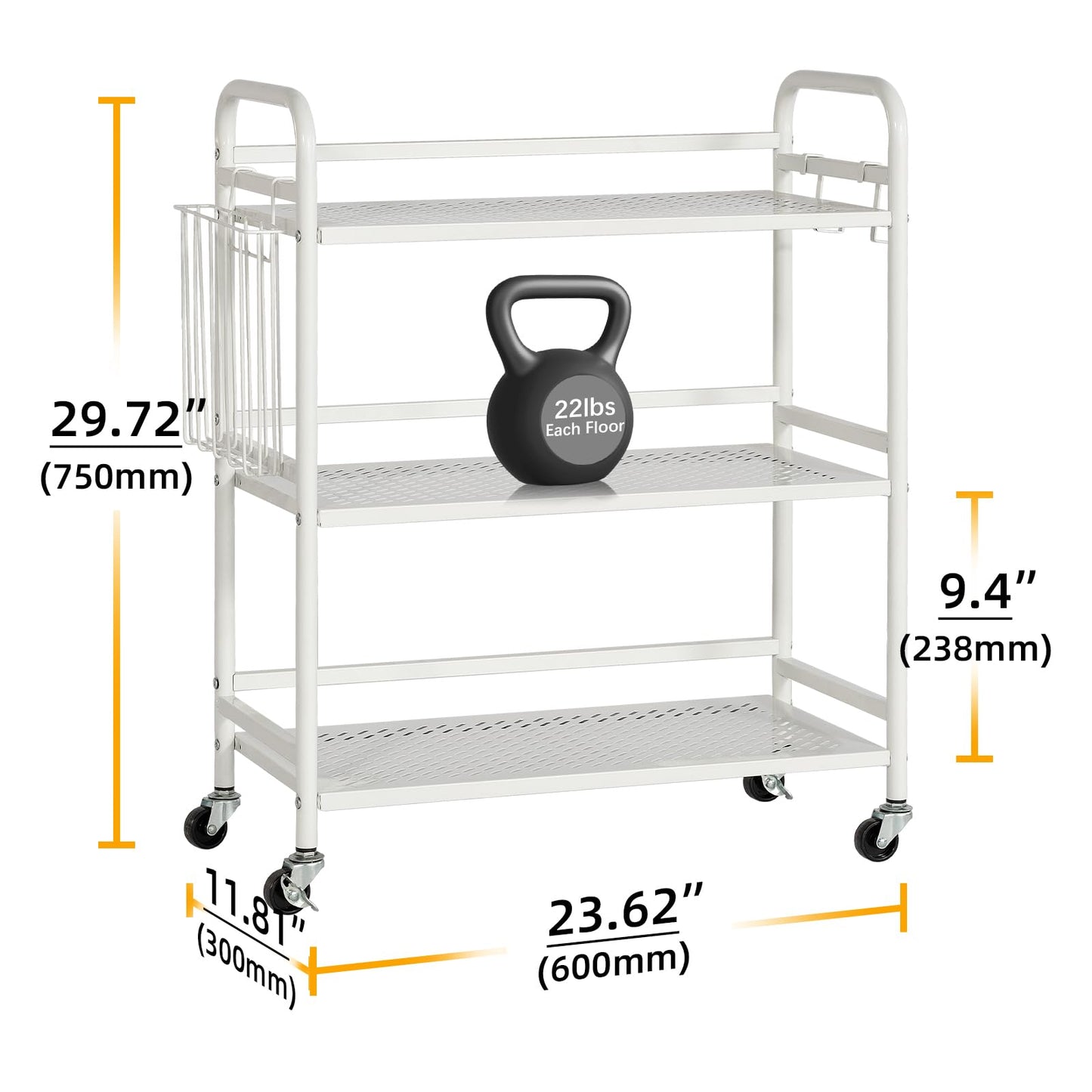 HDANI Serving Trolley,3-Tier Metal Trolley,White,Mesh with Basket