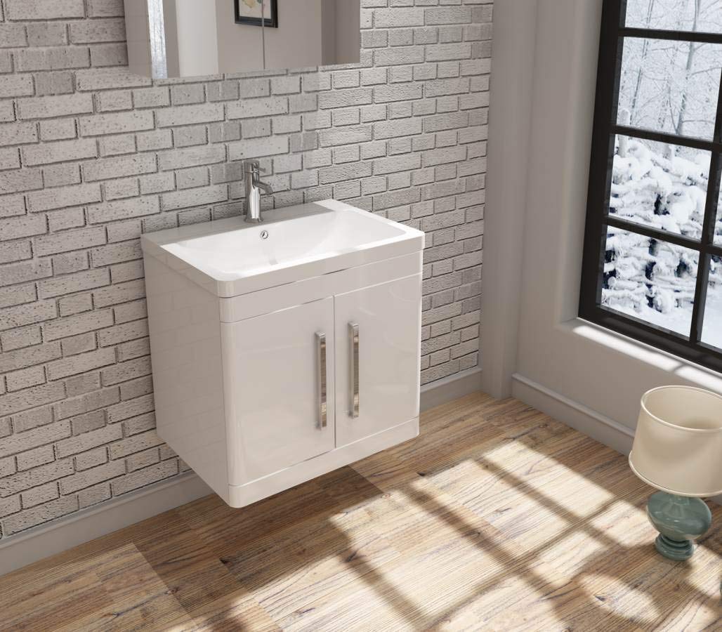 VeeBath ORI-WH60-WH Ceti Wall Mounted Hung Double Door Vanity Basin Cabinet Furniture Unit & Polymarble Sink-600mm, White