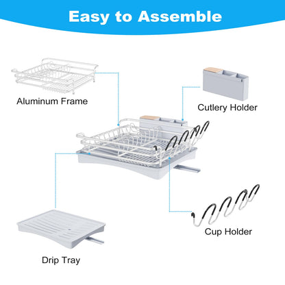 BRIAN & DANY Aluminum Dish Drying Rack, Dish Drainer with Removable Cutlery Holder & Cup Holder, Unique 360 Swivel Spout Drain Board, Grey