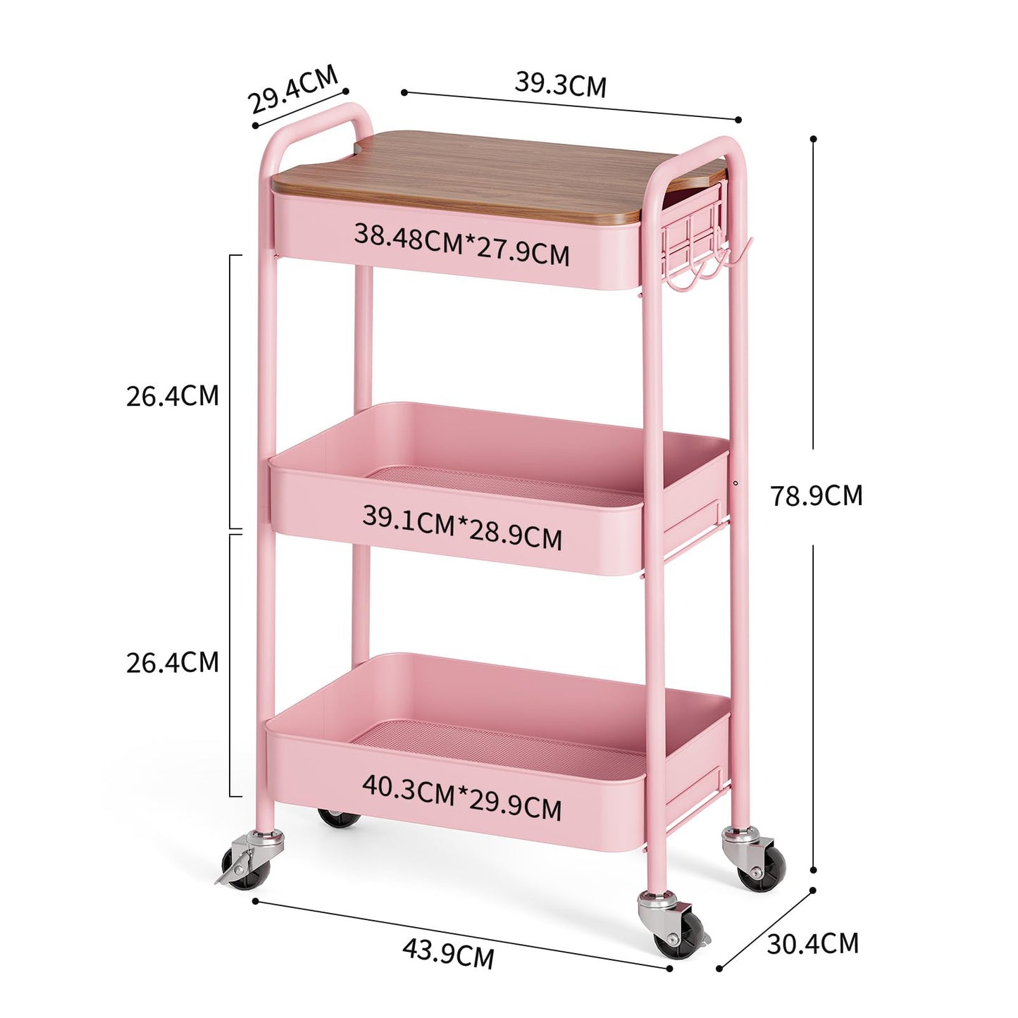 KINGRACK 3-Tier Rolling Storage Trolley, Pink