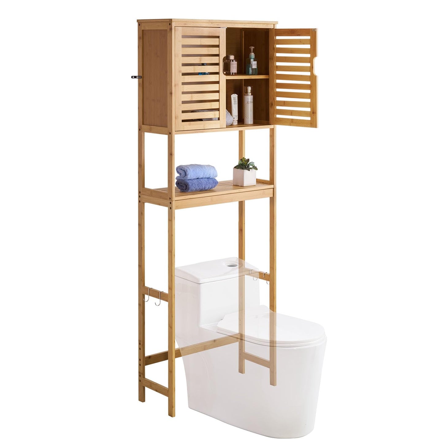 VEVOR Bamboo Over The Toilet Storage Cabinet, 68.9 in Height Bathroom Storage Organizer with Double Door & Inner Adjustable Shelf