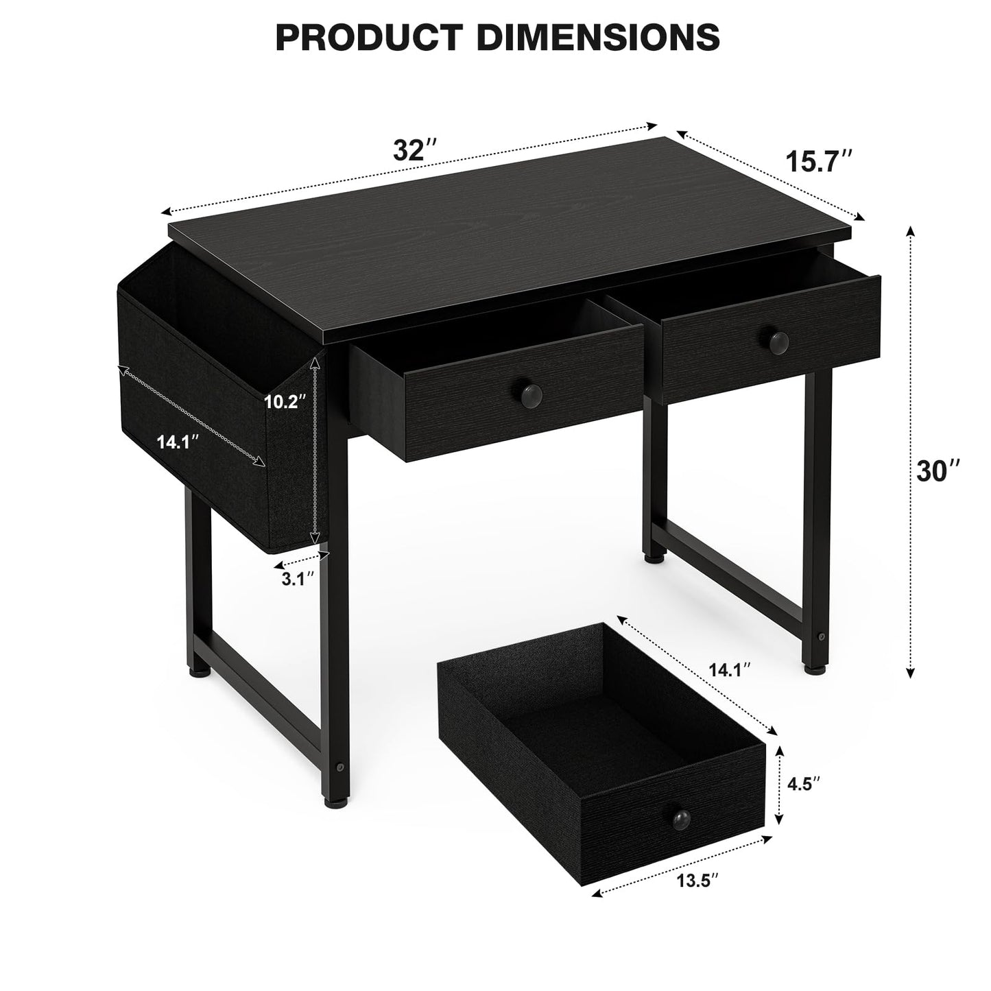 Grandder Small Computer Desk with 3 Fabric Drawers, 100 x 40 cm Home Office Desk with Storage Bags and Drawers
