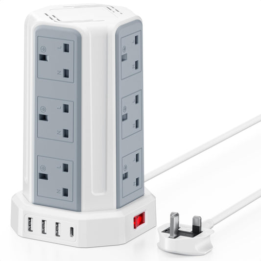 Tower Extension Lead, Aodeng 12 Way Extension Tower Multi Plug Extension Sockets with 4 USB Slots, [13A 3250W] Surge Protector Long Extension cable