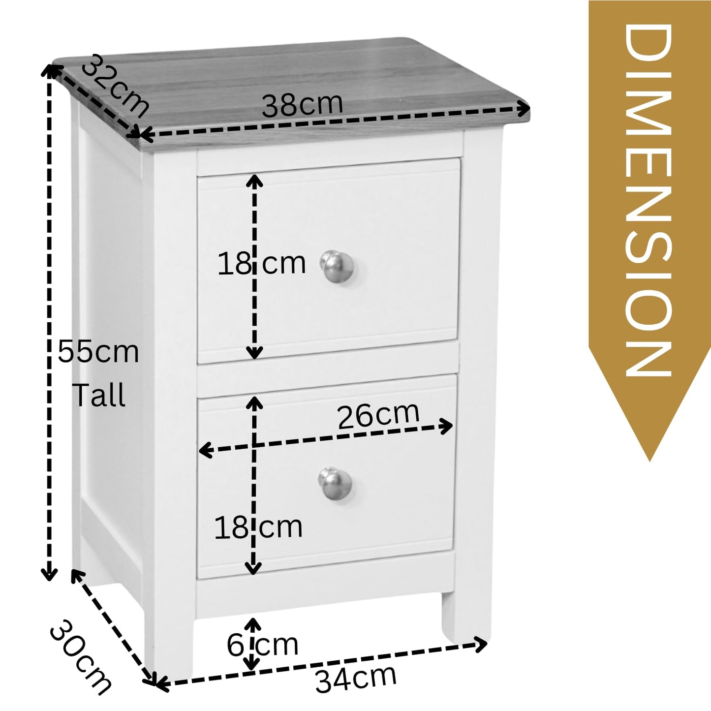 GROF GROFurniture Bedside Table 2 Drawers, Solid Wooden Side End Bedside Cabinet with Oak Top, Narrow Bedside