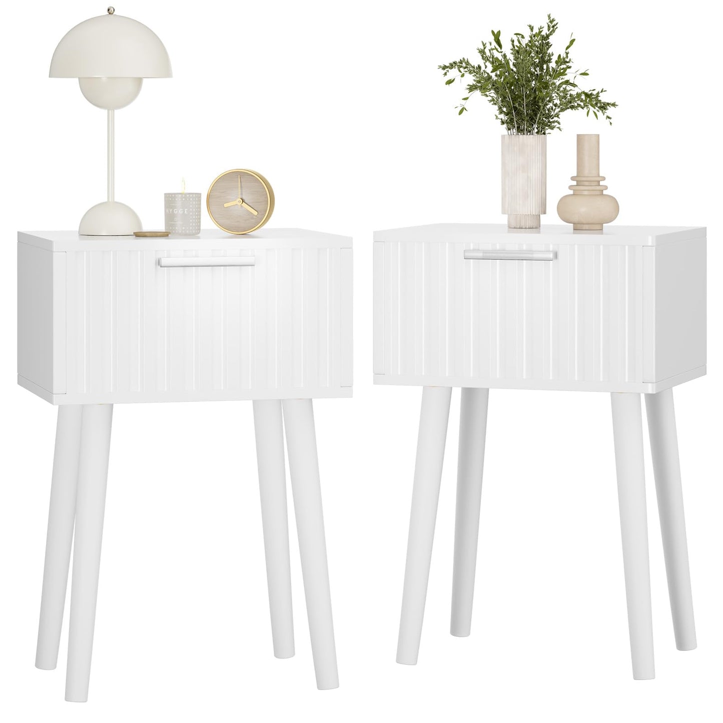 YMYNY Fluted Nightstand Set of 2, Small End Table, Modern Coffee Table with Drawer, Solid Wood Legs, Retaining Chain, 35x27x53cm