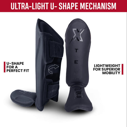 XTEN SPORTS Shin Guards Muay Thai, MMA, Gel Integrated Padding, Training Sparring, Boxing, Kickboxing, BJJ, Taekwondo Protective Gear, Matte Black, S