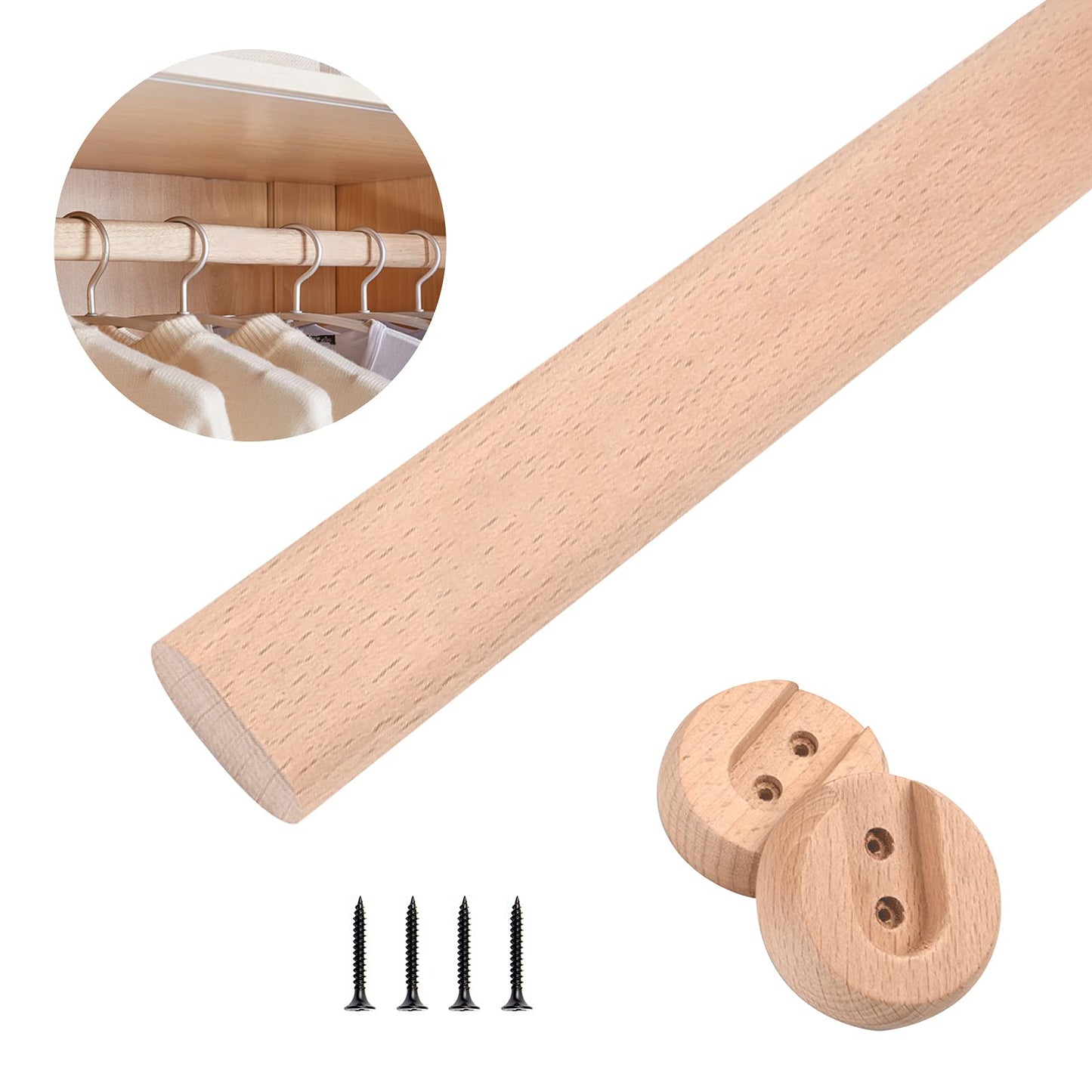 Wardrobe Rod, Natural Beech Wood Heavy Duty Closet Rod with 2 Bracket Support And Screws, Easy To Install
