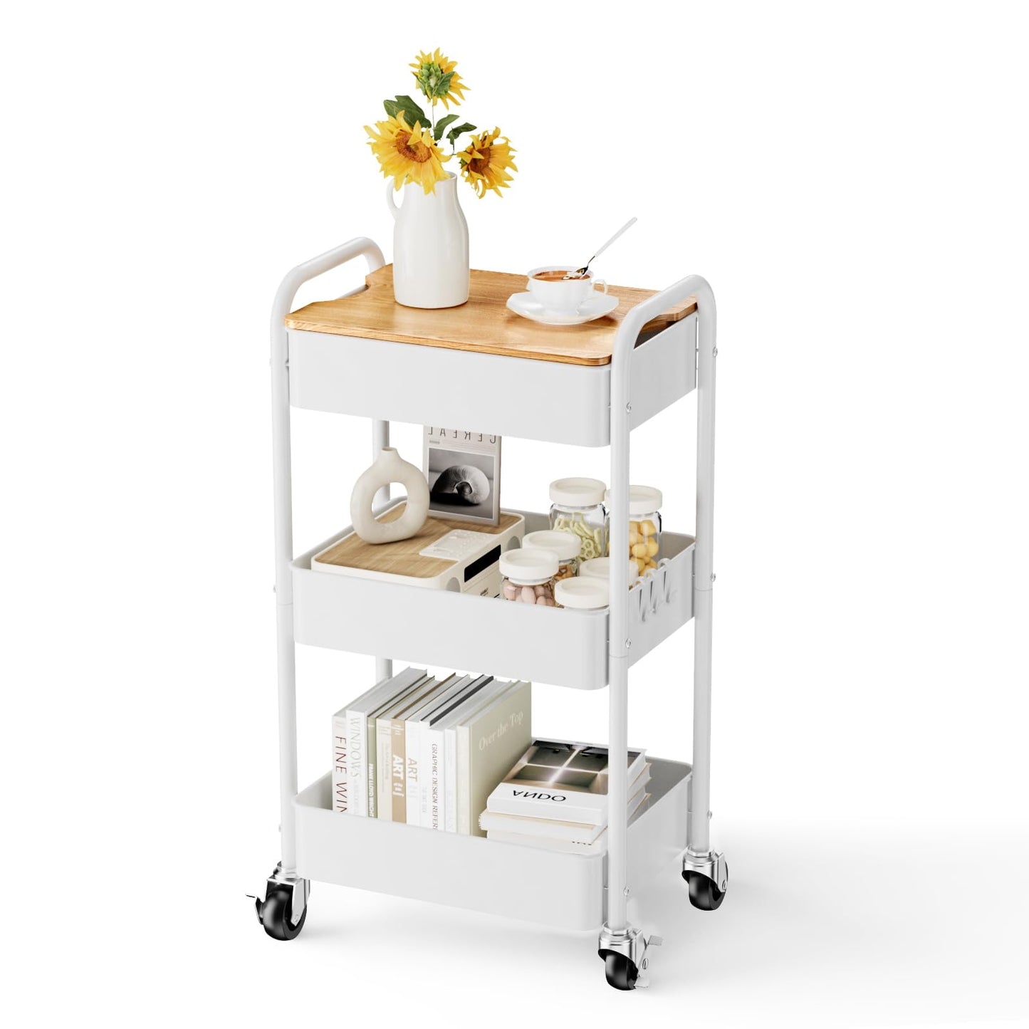 Shrivee 3-Tier Rolling Cart with Table Top, Serving Trolley, Metal Rolling Utility Trolley, Shelf on Wheels, Shelf, Organiser, Kitchen Shelf