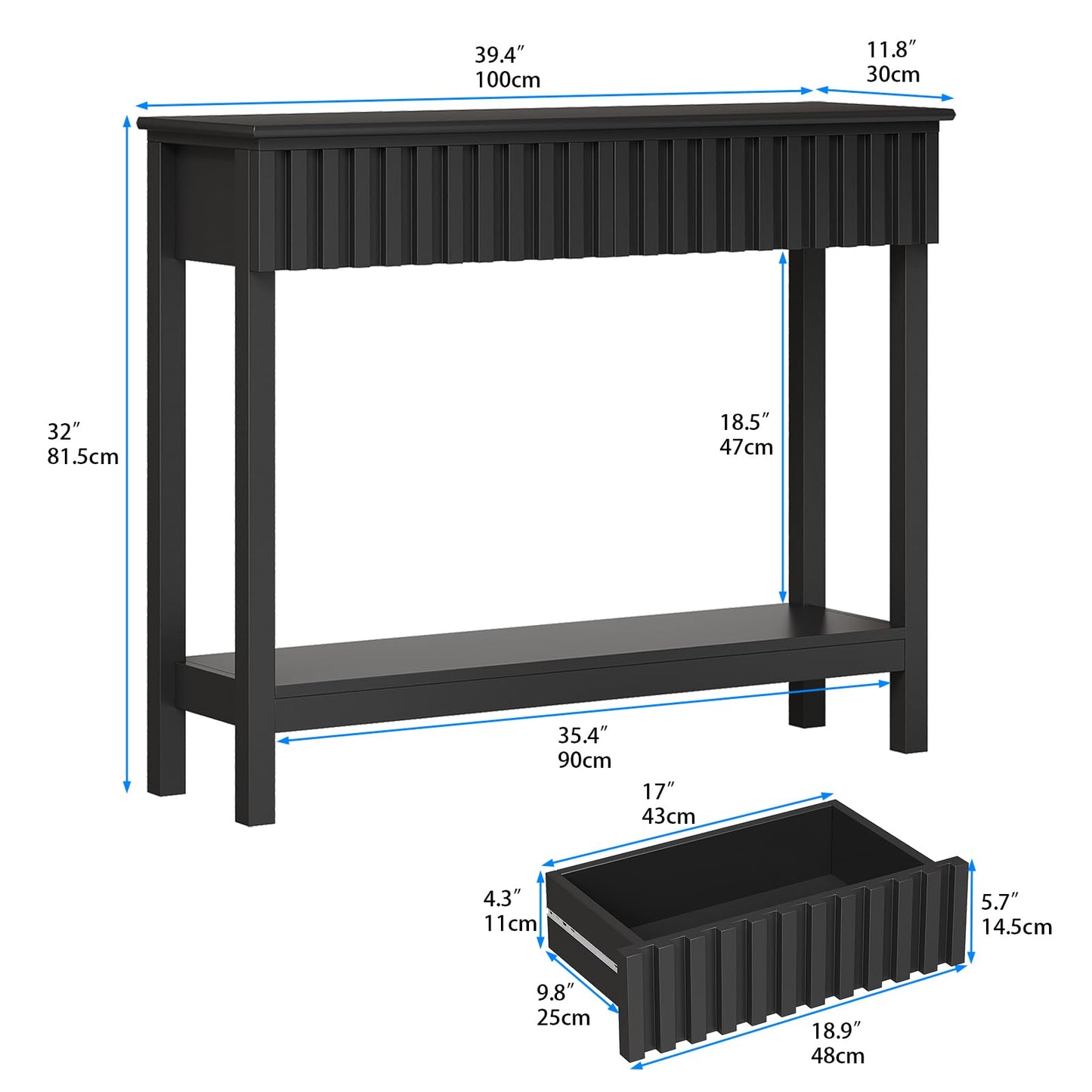 Trironsun Narrow Fluted Console Table with 2 Drawers and Open Shelf Modern Painted Wood Sofa Table for Hallway, Living Room or Behind Couch (Black)
