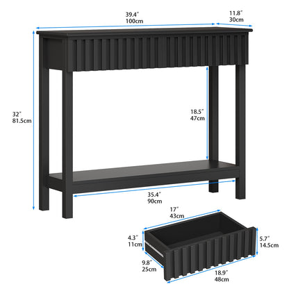 Trironsun Narrow Fluted Console Table with 2 Drawers and Open Shelf Modern Painted Wood Sofa Table for Hallway, Living Room or Behind Couch Black