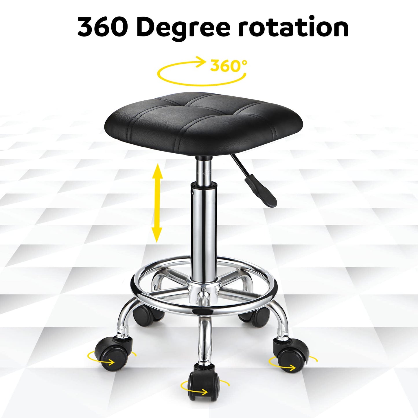FNZIR Square PU Cushion Rolling Stool with Wheels Height Adjustable Swivel Stools Chair Black