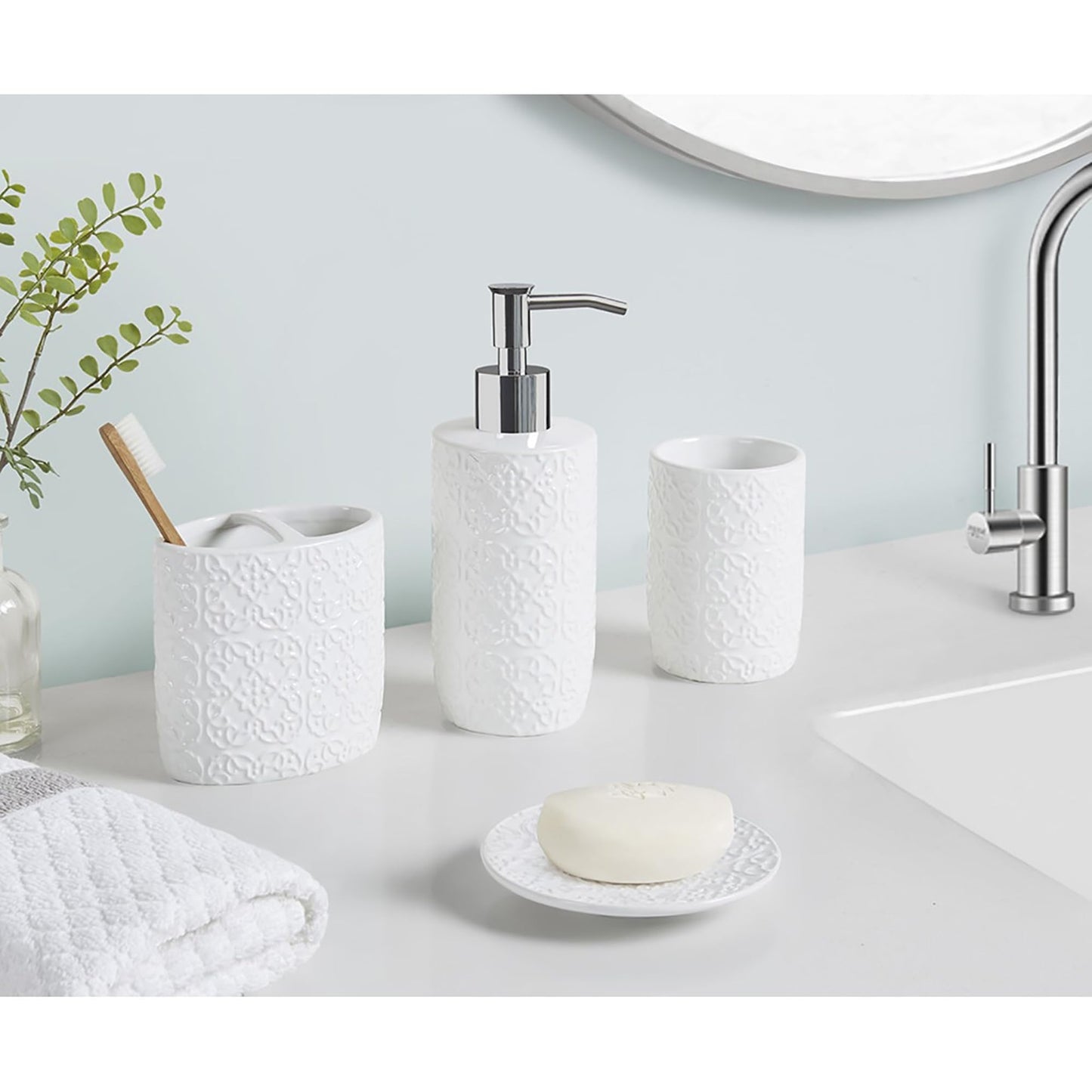 Martha Stewart Ceramic Bathroom Accessories Set, Vanity Decor Storage Organizer, Embossed Damask Medallion, Lotion/Soap Dispenser, Toothbrush Holder