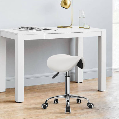 KKTONER Rolling Saddle Stool PU Leather Swivel Adjustable Rolling Stool with Wheels Salon Chair (White)