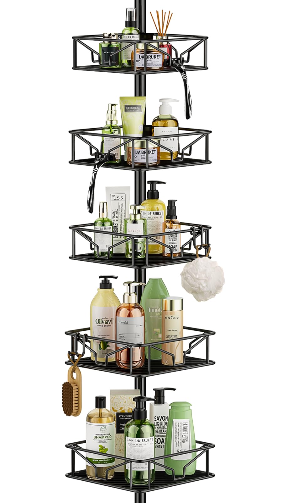 Mutool Adjustable Shower Shelf, Telescopic Shower Caddy with Hooks, No Drilling Corner Shelf with 5 Trays