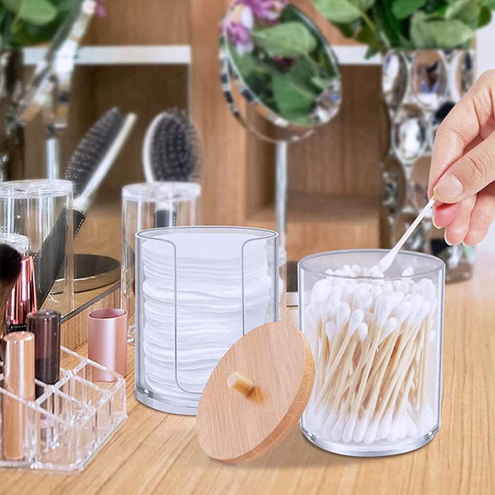 Hwtcjx Cotton Pad Holder, Bathroom Jars, with Wooden Cover, 2 PCS