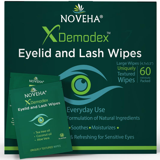 NOVEHA Demodex Eyelid & Lash Wipes | Box Of 60 Individually Wrapped Extra Strength Cleansing Eyelash Wipes - Battle Itchy & Irritated Eyes associated