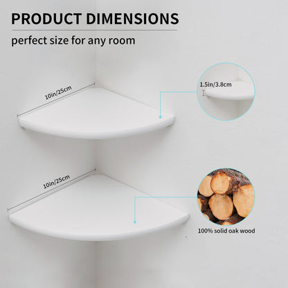 GIEANOO White Corner Shelf Wall Mount, Solid Oak Wood Set of 2 Floating Corner Shelf Round End Floating Speaker Shelf With Wire Hole Shelf for Small