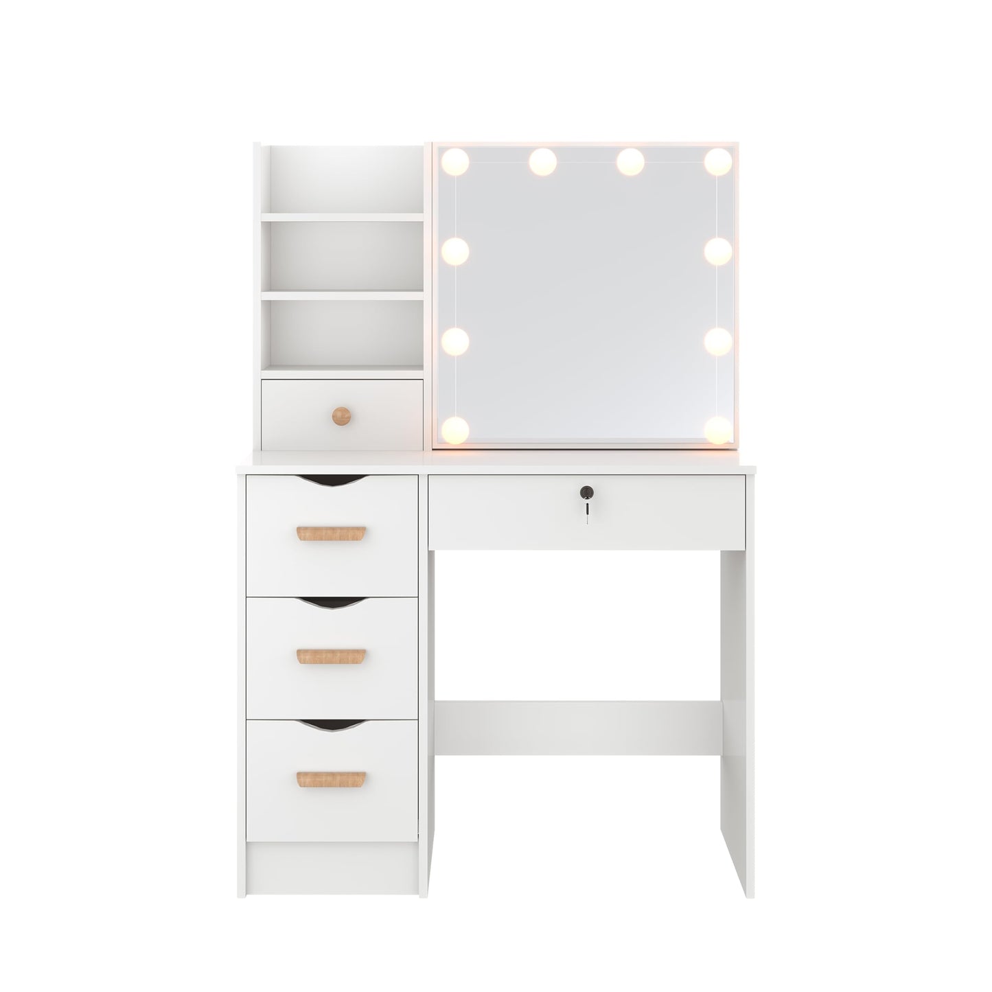 ZANOFIRA Dressing Table with Sliding Mirror, LED Lights with Adjustable Brightness, Makeup Desk with 3 Drawers & 4 Shelves