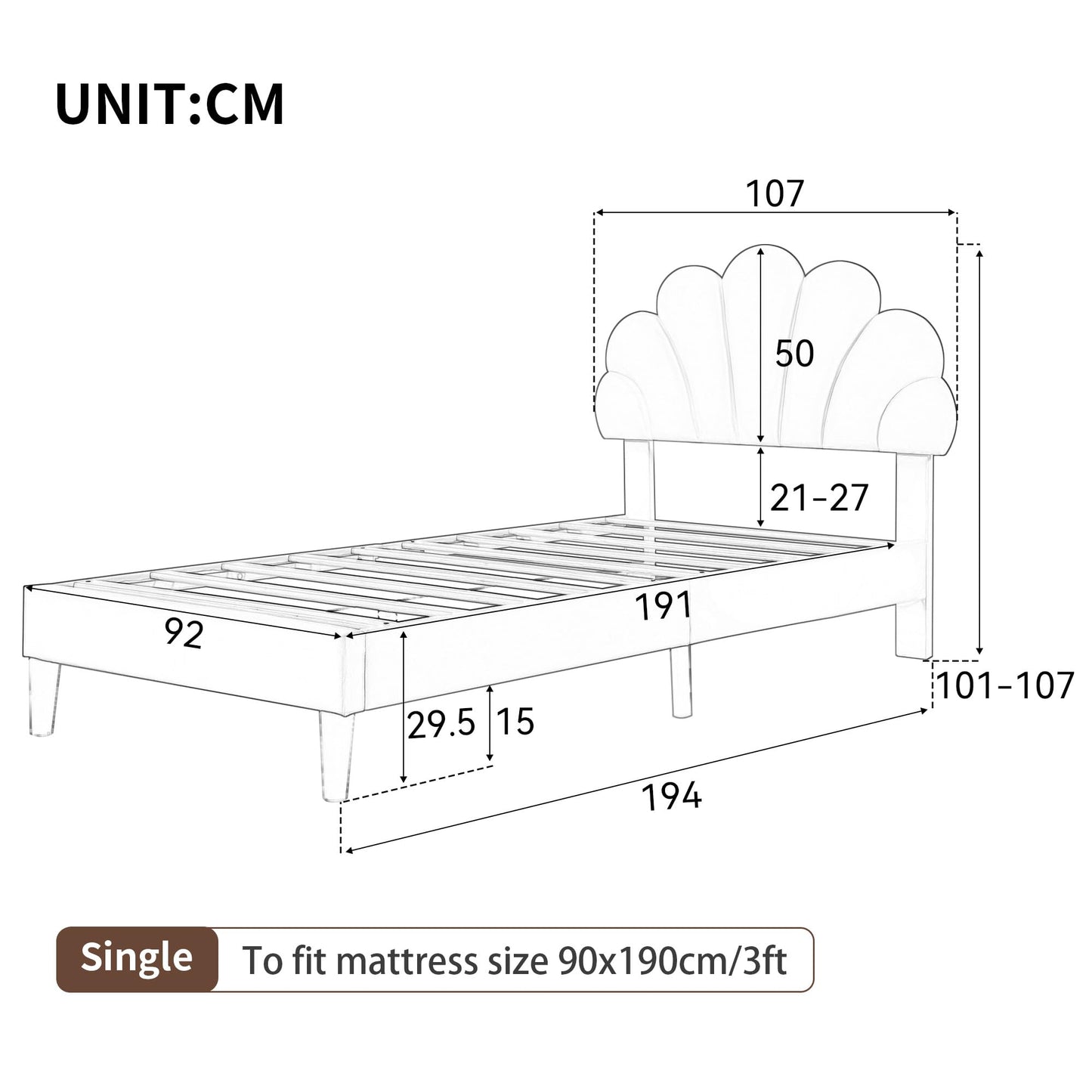 Merax Single bed frame, 3ft Single Upholstered Bed, Adjustable Chic Petal Headboard, Sturdy Wooden Slat Support, Velvet Fabric (No Mattress)
