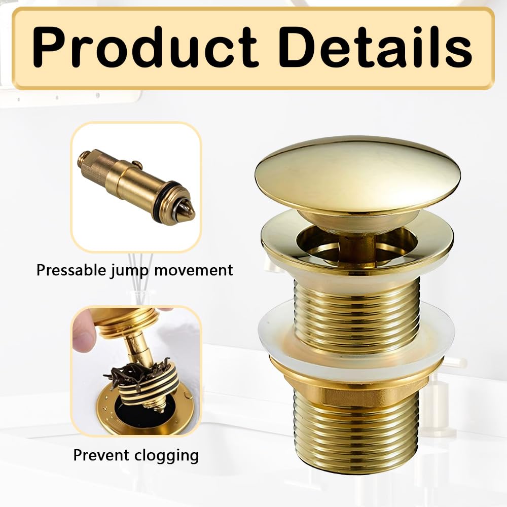 Gold Brass Basin Plug, Basin Sink Waste Slotted Pop Up Drain Plug, 1 PC Waste Drain Without Overflow for Wash Basin, Bathroom, Kitchen, Vessel Sinks