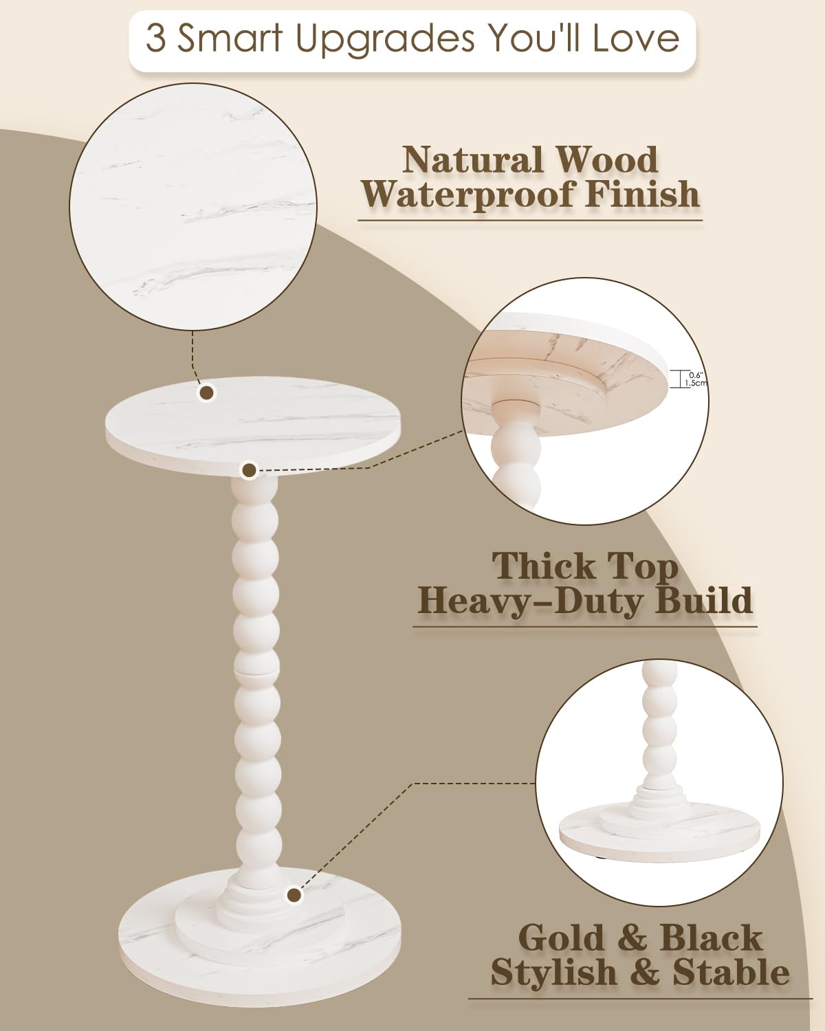 Apetaccat Round Side Table, Drink End Table with Solid Wood Leg, Small Side Tables for Living Room, Bedroom, Study, White