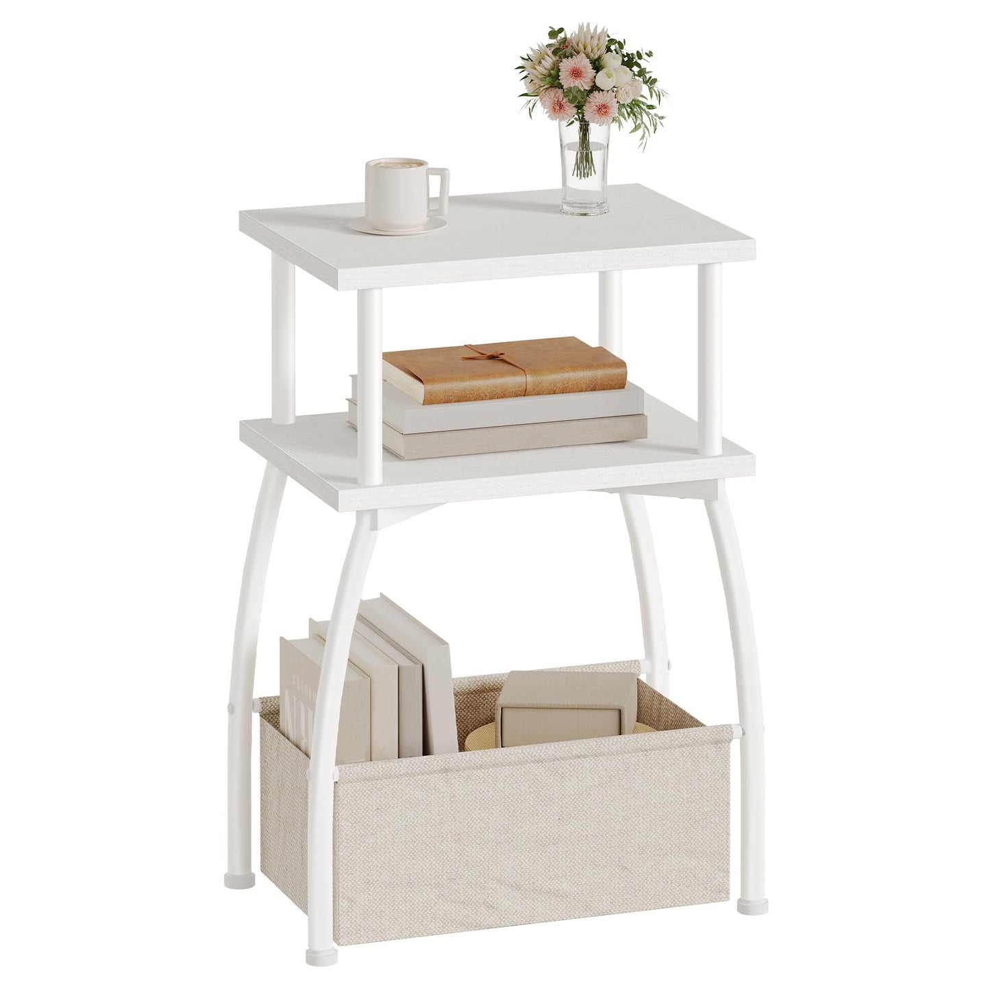 HOOBRO Narrow Side Table, 3-Tier Small Table with Linen Storage Basket, Sofa Side Tables for Small Space