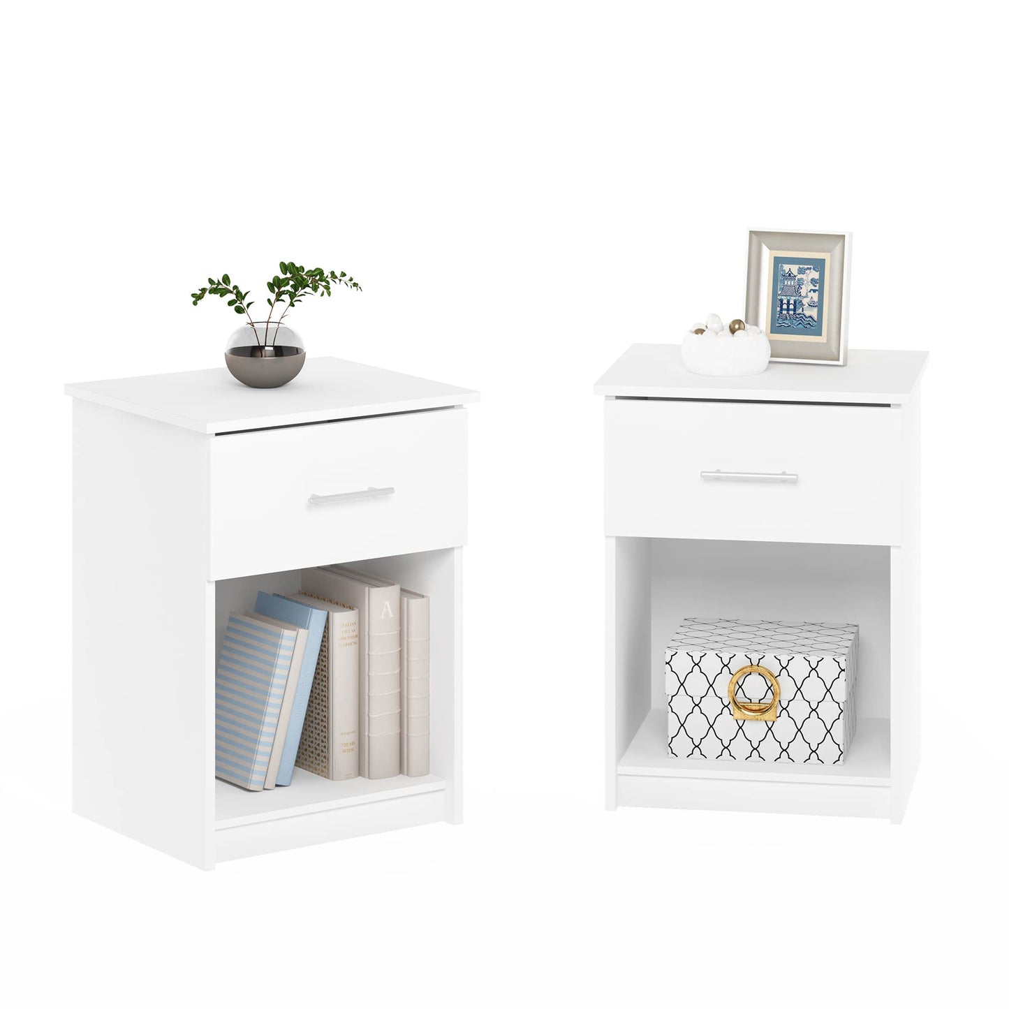 Furinno TIDUR Night Stand Set of 2, Nightstand with Drawer, Bedside Table, End Table, Side Table with Storage Shelf, Bar Handle Drawer, for Bedroom